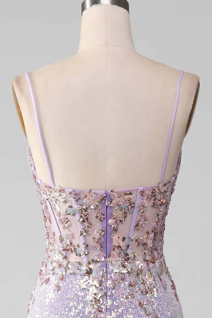 Glimmering Sequin Long Evening Dress Lavender Spaghetti-Strap Slit for Women