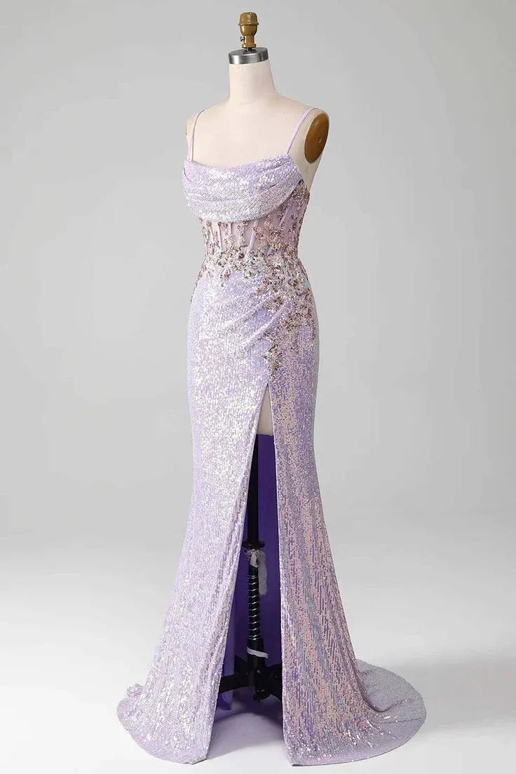 Glimmering Sequin Long Evening Dress Lavender Spaghetti-Strap Slit for Women