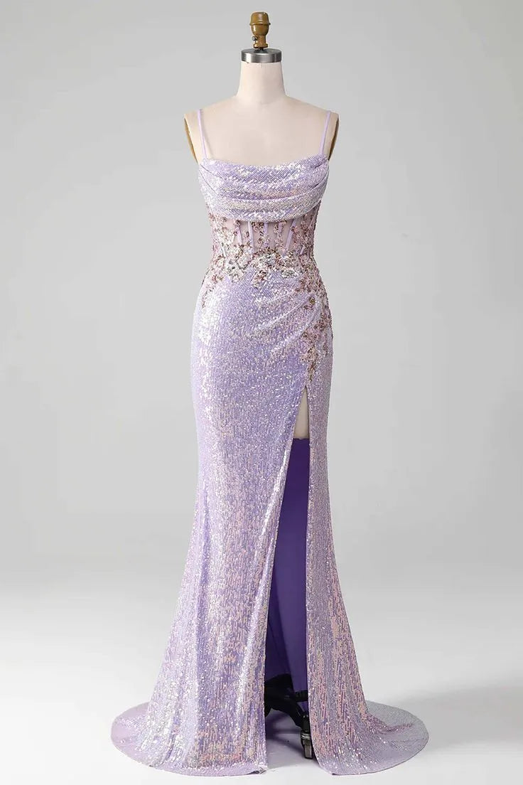 Glimmering Sequin Long Evening Dress Lavender Spaghetti-Strap Slit for Women