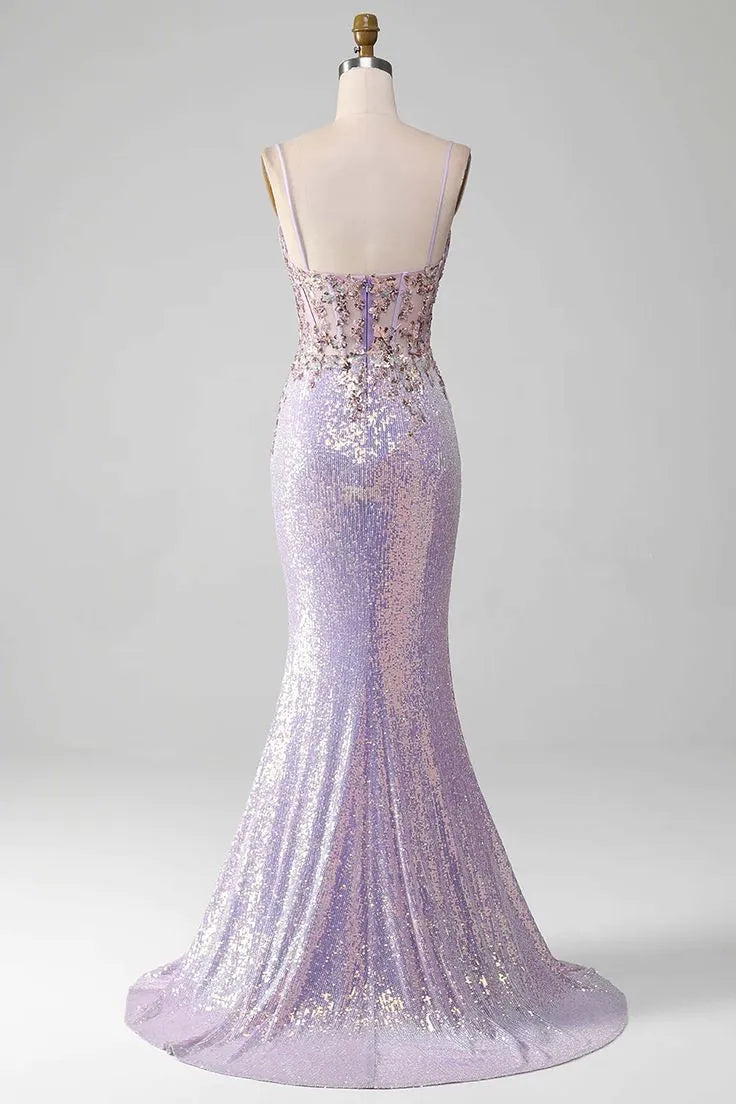 Glimmering Sequin Long Evening Dress Lavender Spaghetti-Strap Slit for Women