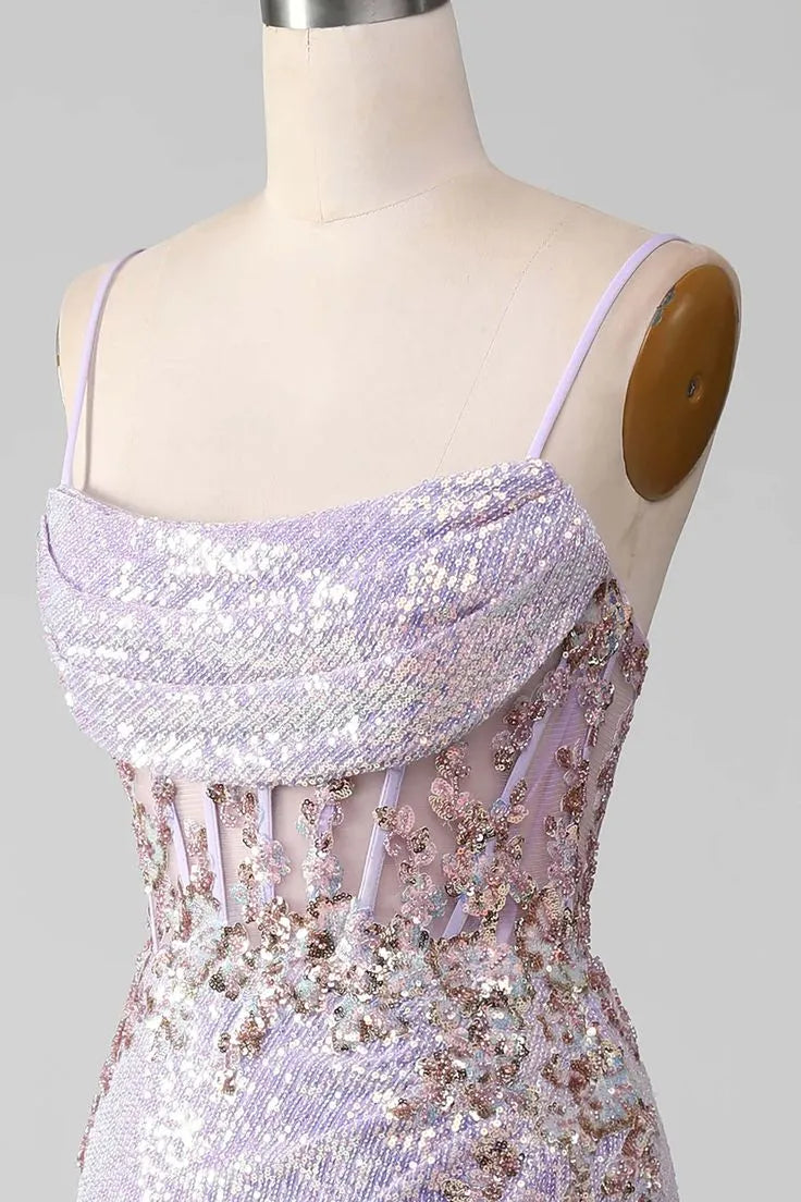 Glimmering Sequin Long Evening Dress Lavender Spaghetti-Strap Slit for Women