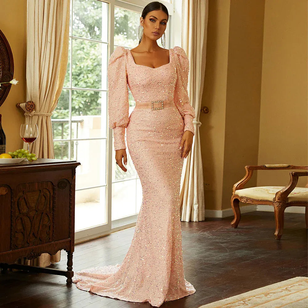 Glistening Sequin Train Evening Dress Blush Square Neck Puff-Sleeve for Women