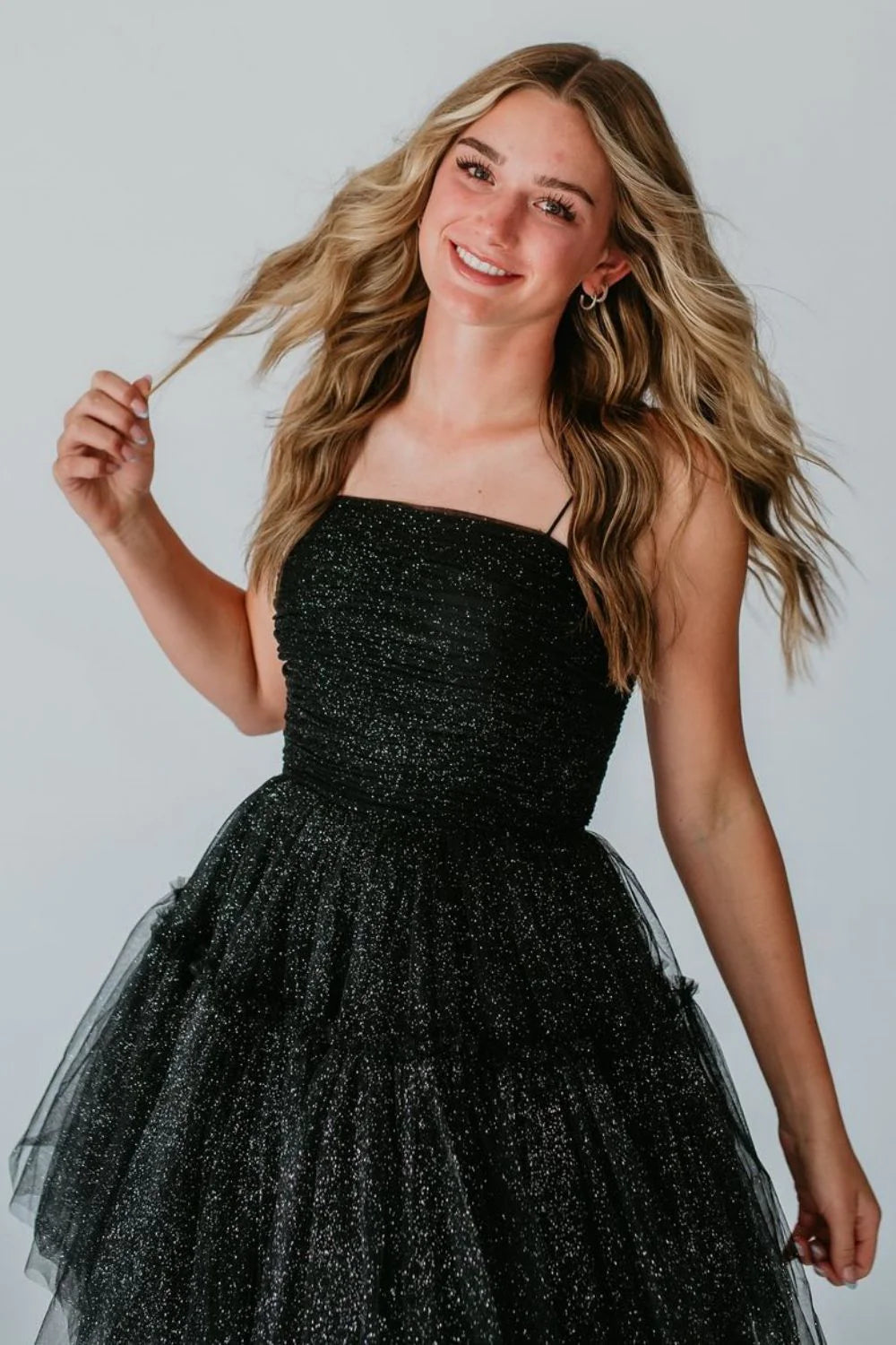 Glitter A-Line Spaghetti Straps Lace Up Tulle Black Short Homecoming Dress