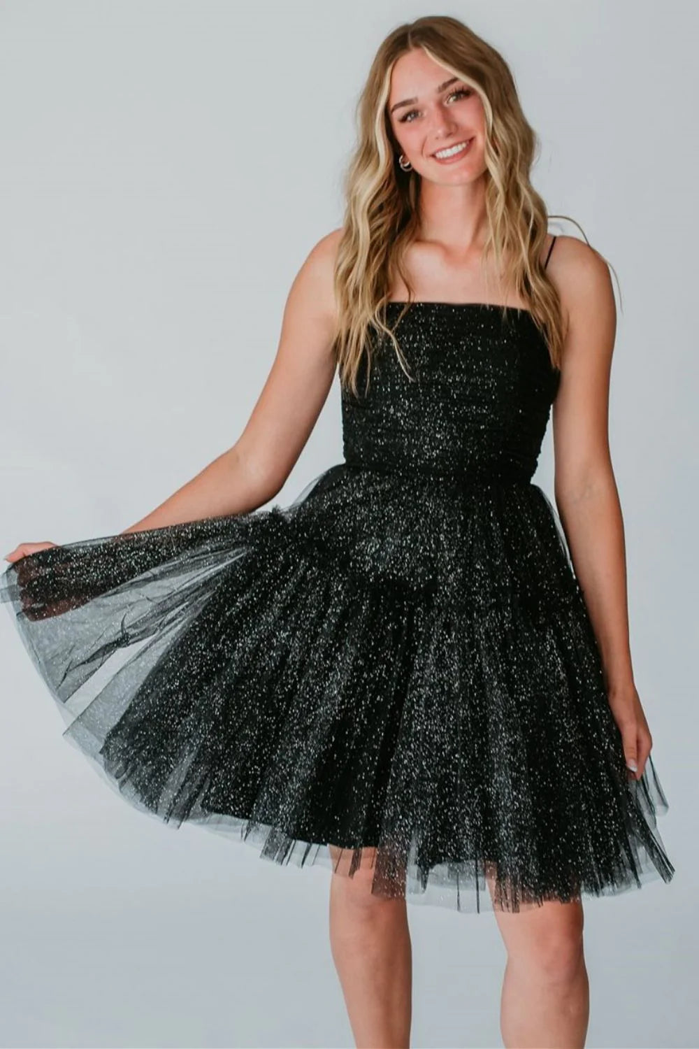 Glitter A-Line Spaghetti Straps Lace Up Tulle Black Short Homecoming Dress