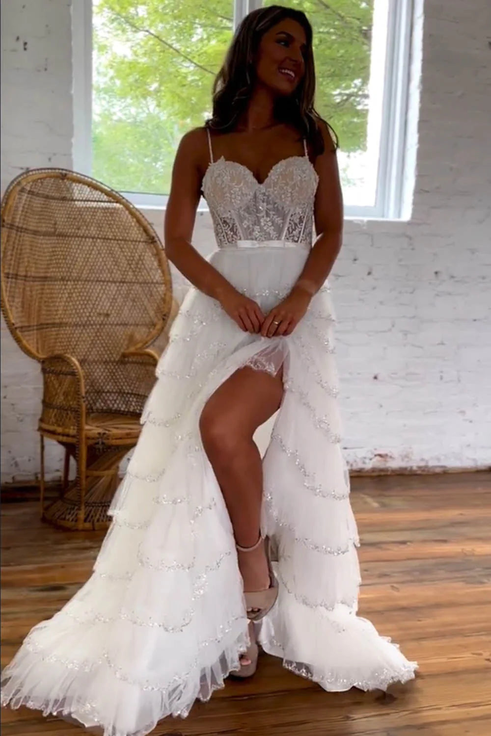 Glitter Cute A-Line Spaghetti Straps Tiered Sequins White Prom Dress