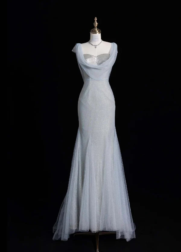 Glitter Mermaid Sweetheart Sleeveless Silver Long Prom Dresses Evening Dresses