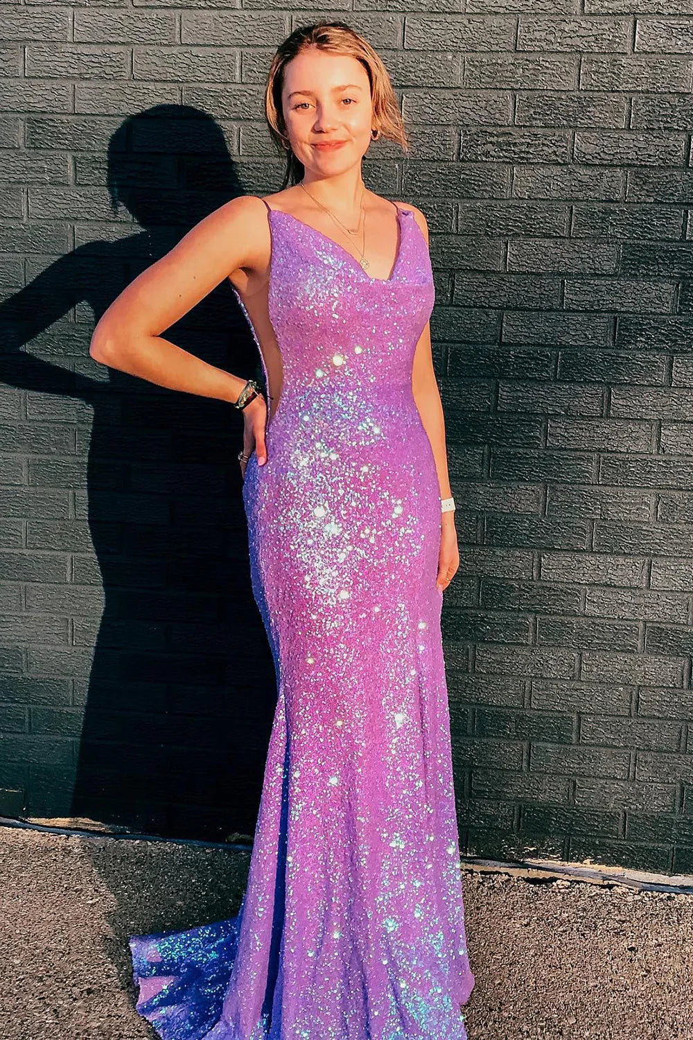 Glitter Sheath Spaghetti Straps Open Back Sequins Purple Prom Dress