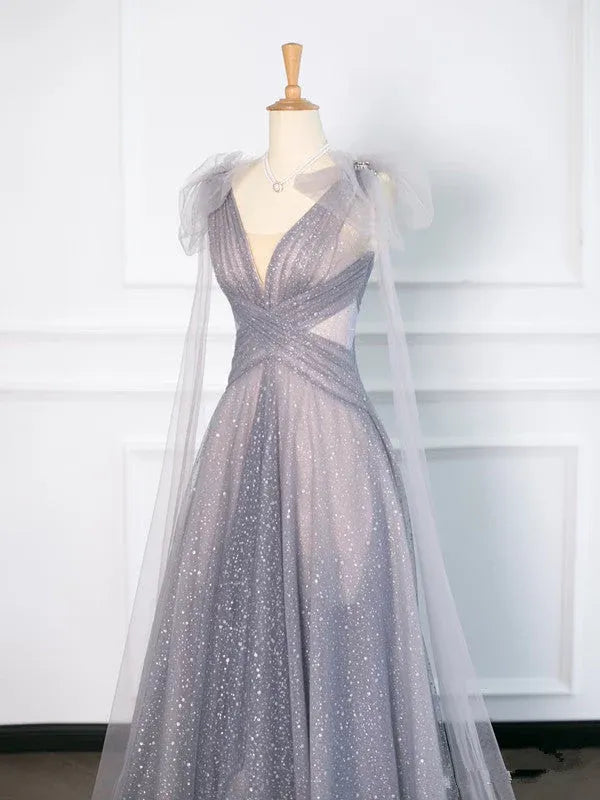 Glittering A-Line Deep V Sleeveless Cape Silver Floor-Length Prom Dress For Women Ready To Ship
