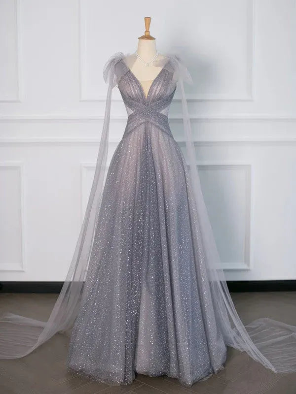 Glittering A-Line Deep V Sleeveless Cape Silver Floor-Length Prom Dress For Women Ready To Ship