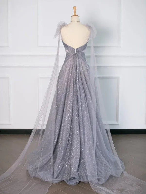 Glittering A-Line Deep V Sleeveless Cape Silver Floor-Length Prom Dress For Women Ready To Ship