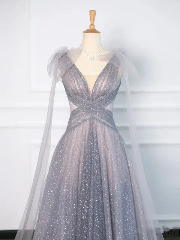 Glittering A-Line Deep V Sleeveless Cape Silver Floor-Length Prom Dress For Women Ready To Ship