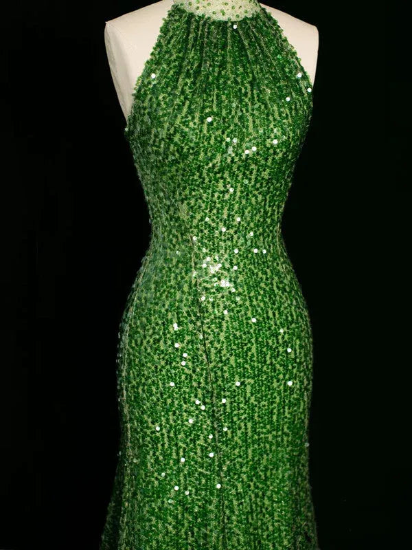 Glittering Mermaid Halter-Neck Sleeveless Sequin Green Maxi Prom Dress for Women hot sale