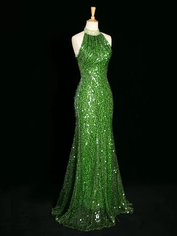 Glittering Mermaid Halter-Neck Sleeveless Sequin Green Maxi Prom Dress for Women hot sale