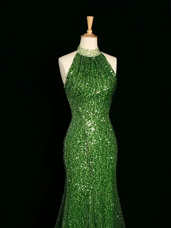 Glittering Mermaid Halter-Neck Sleeveless Sequin Green Maxi Prom Dress for Women hot sale