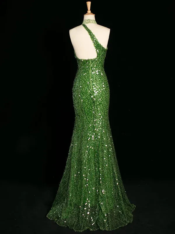 Glittering Mermaid Halter-Neck Sleeveless Sequin Green Maxi Prom Dress for Women hot sale
