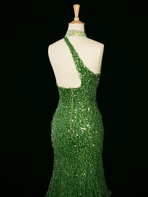 Glittering Mermaid Halter-Neck Sleeveless Sequin Green Maxi Prom Dress for Women hot sale