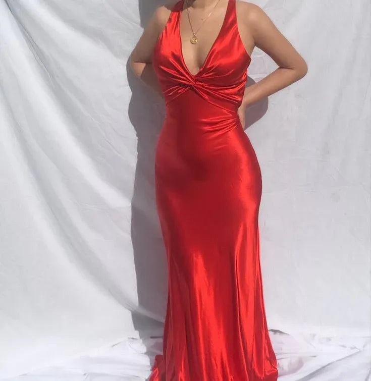 Glossy Satin Floor-Length Evening Dress Red Plunging Halter Sleeveless for Women
