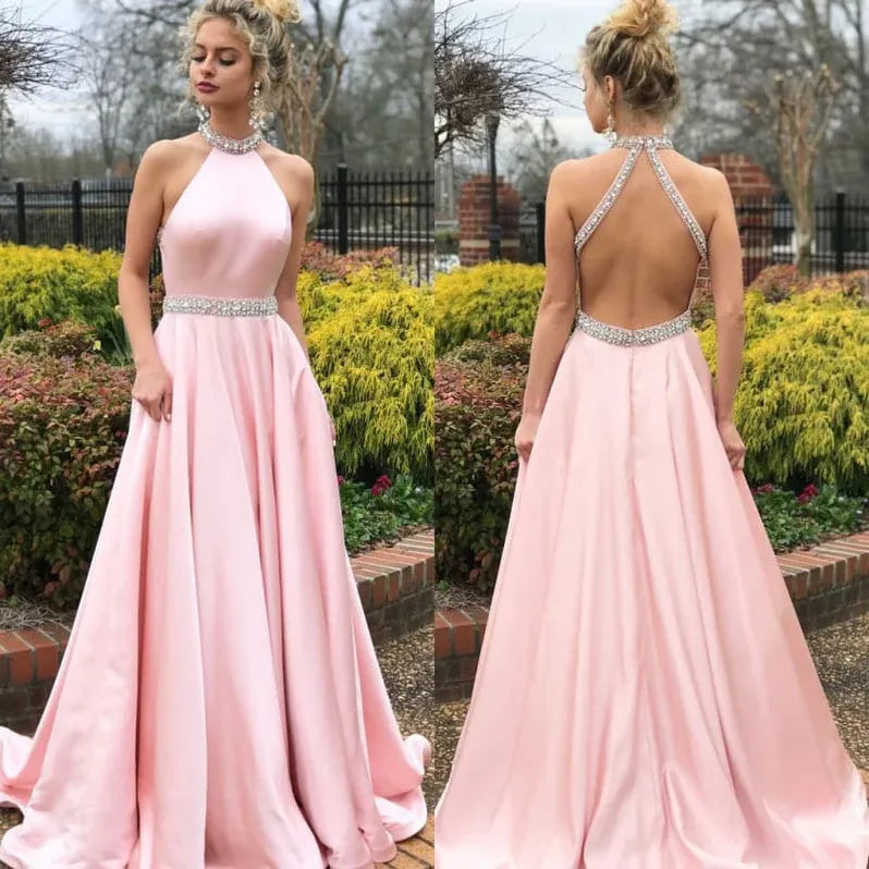 Gorgeous A-Line Halter Beaded Open Back Pink Floor Length Prom Dress