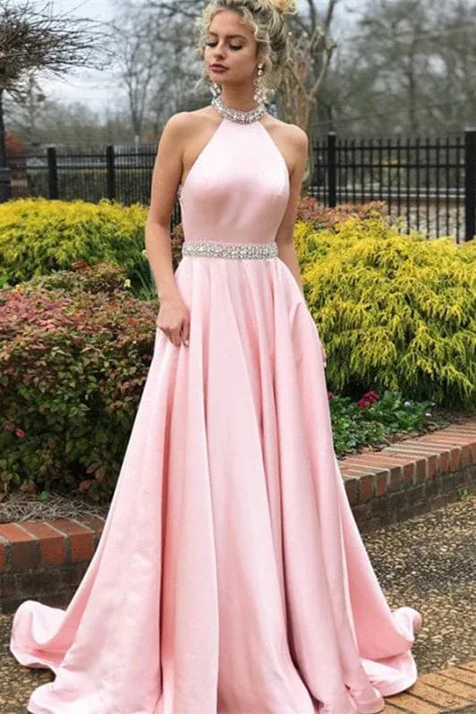 Gorgeous A-Line Halter Beaded Open Back Pink Floor Length Prom Dress