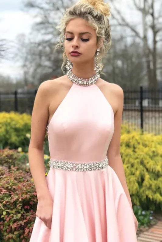 Gorgeous A-Line Halter Beaded Open Back Pink Floor Length Prom Dress