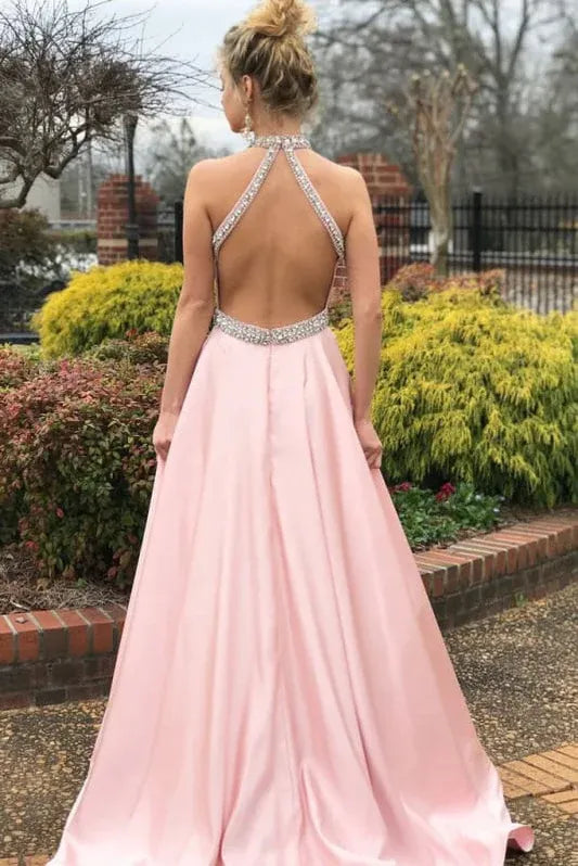 Gorgeous A-Line Halter Beaded Open Back Pink Floor Length Prom Dress