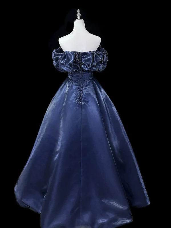 Gorgeous A-Line Off Shoulder Satin Dark Blue Long Prom Dress Evening Dress