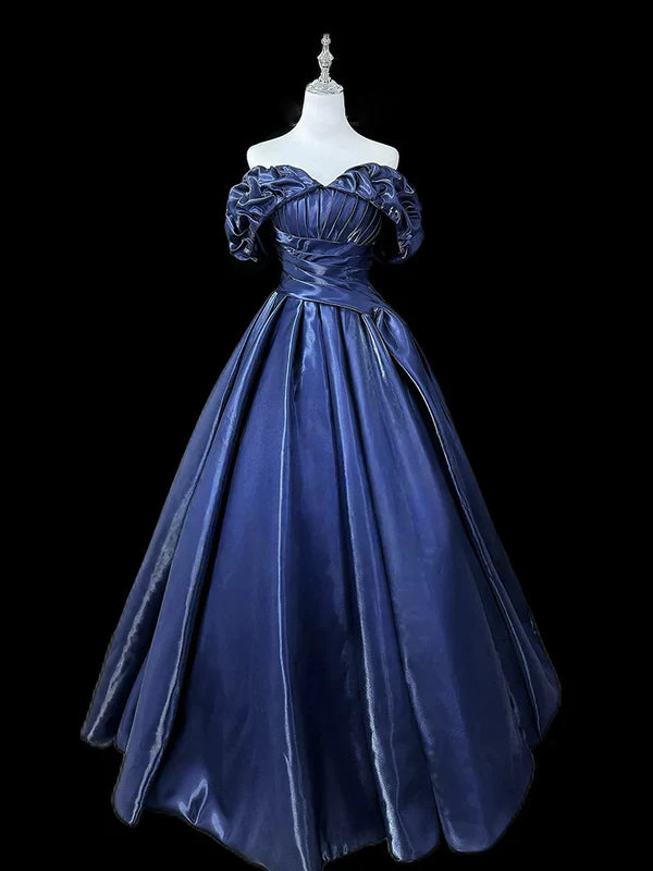 Gorgeous A-Line Off Shoulder Satin Dark Blue Long Prom Dress Evening Dress