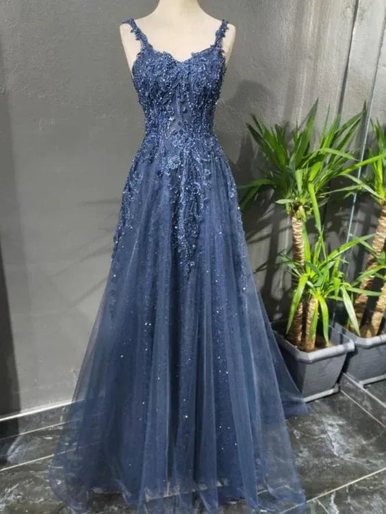 Gorgeous A-Line Sweetheart Sleeveless Beaded Tulle Navy Floor-Length Evening Dress for Women