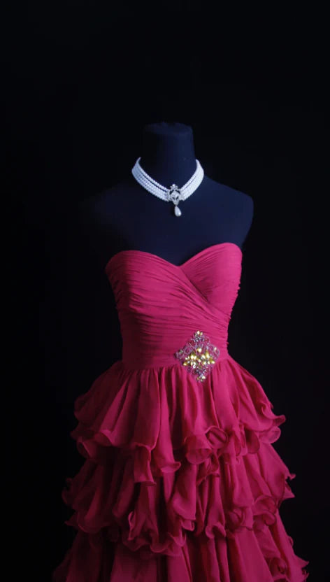 Gorgeous A-Line Sweetheart Tiered Chiffon Hot Pink Long Prom Dresses