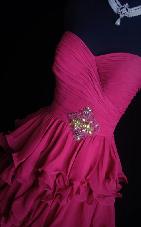 Gorgeous A-Line Sweetheart Tiered Chiffon Hot Pink Long Prom Dresses