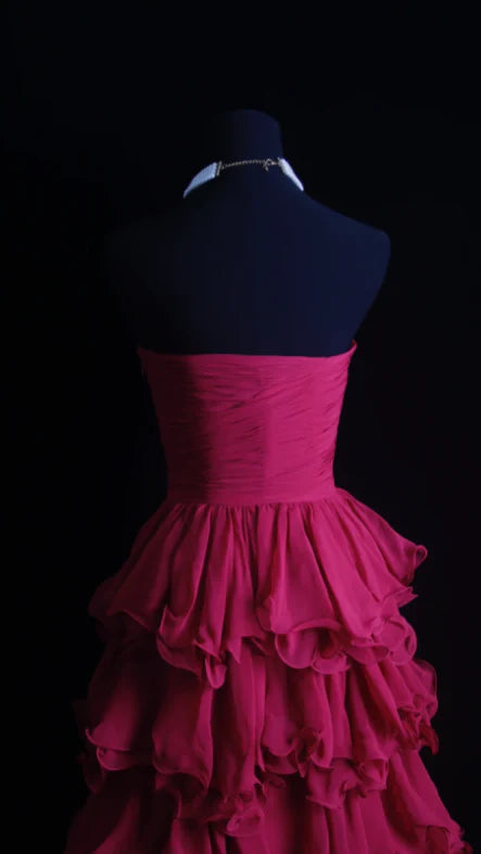 Gorgeous A-Line Sweetheart Tiered Chiffon Hot Pink Long Prom Dresses