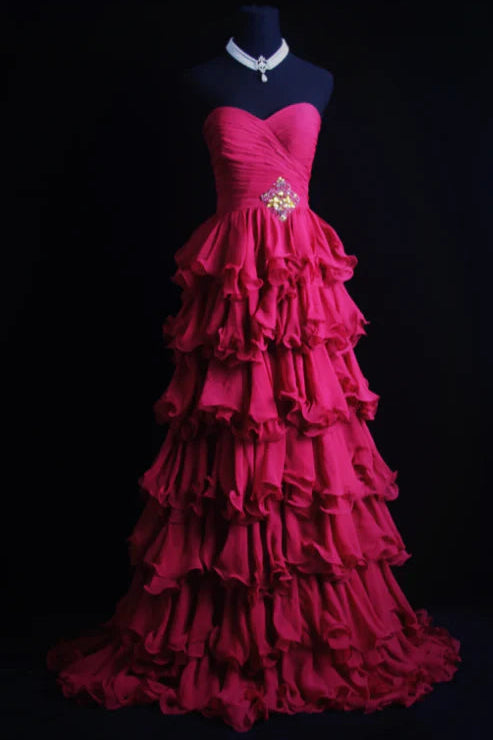Gorgeous A-Line Sweetheart Tiered Chiffon Hot Pink Long Prom Dresses