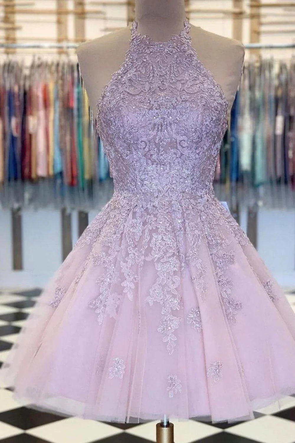 Gorgeous A-line Halter Satin Tulle Lilac Homecoming Dress With Applique