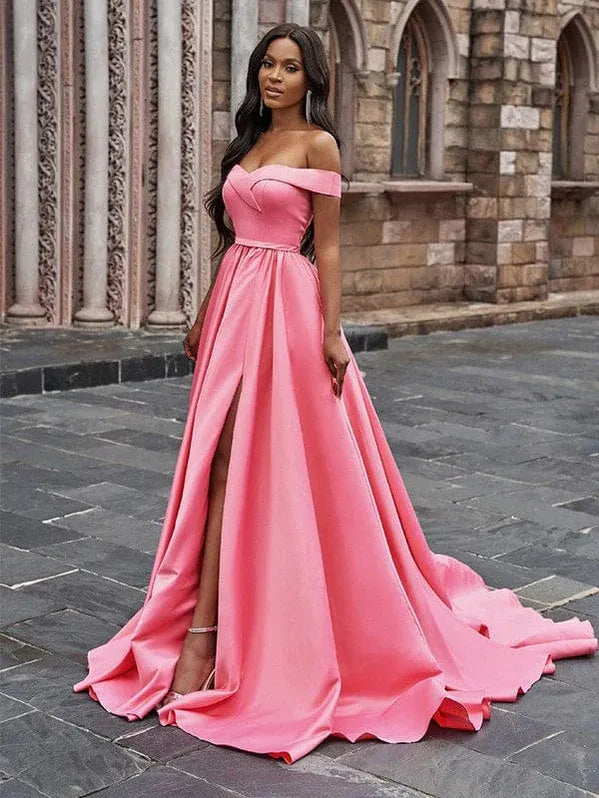 Gorgeous A-line Off-the-shoulder Satin Pink Maxi Prom Dress With Slit