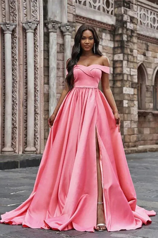 Gorgeous A-line Off-the-shoulder Satin Pink Maxi Prom Dress With Slit