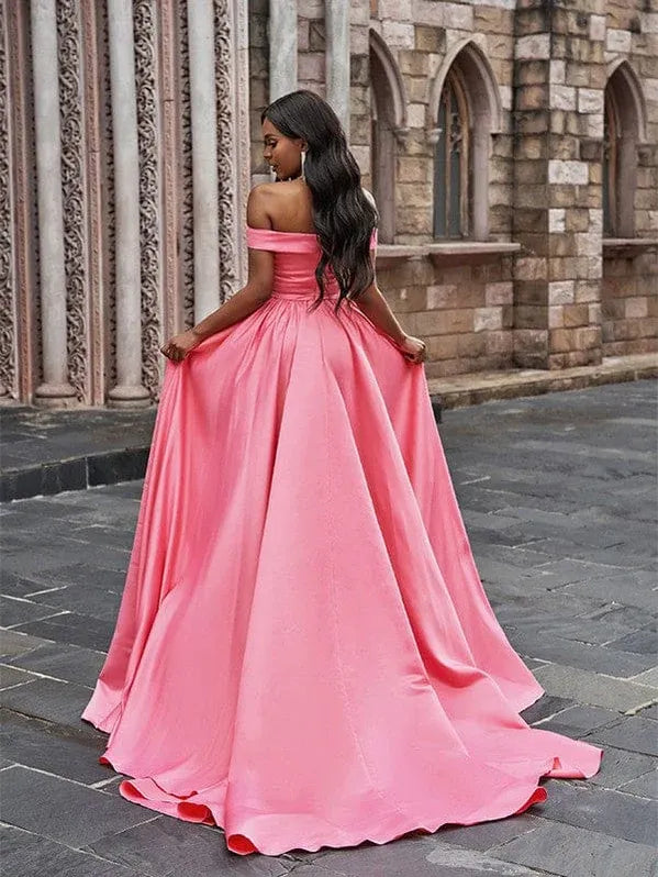 Gorgeous A-line Off-the-shoulder Satin Pink Maxi Prom Dress With Slit