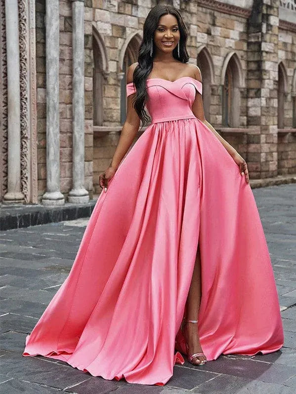 Gorgeous A-line Off-the-shoulder Satin Pink Maxi Prom Dress With Slit