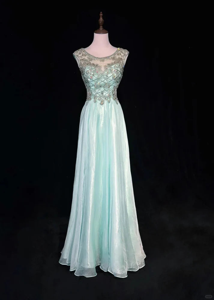 Gorgeous A-line Round Neck Rhinestones Tulle Green Long Party Dress