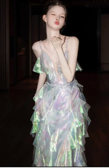 Gorgeous A-line Spaghetti Strap Sequins Tulle Long Evening Dress Prom Dress