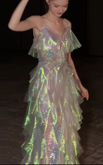 Gorgeous A-line Spaghetti Strap Sequins Tulle Long Evening Dress Prom Dress