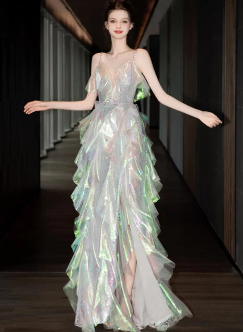 Gorgeous A-line Spaghetti Strap Sequins Tulle Long Evening Dress Prom Dress