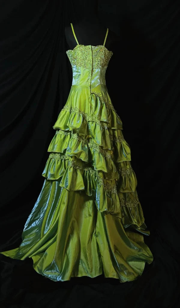Gorgeous A-line Spaghetti Straps Applique Green Long Prom Dress Evening Dress