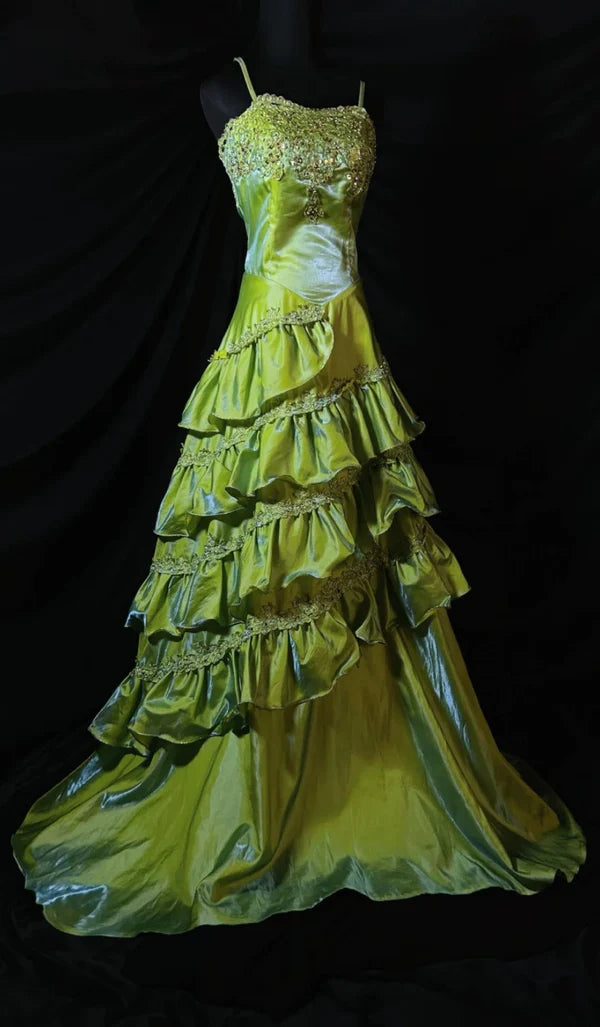 Gorgeous A-line Spaghetti Straps Applique Green Long Prom Dress Evening Dress