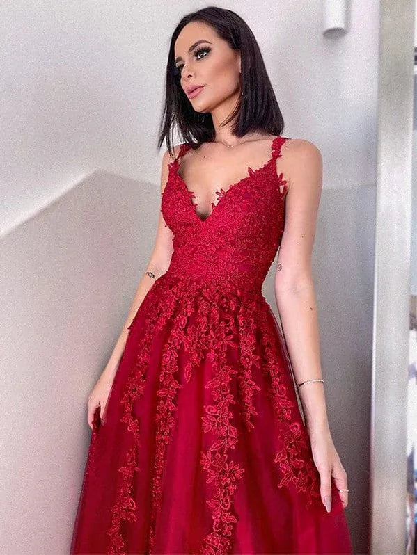 Gorgeous A-line V-neck Lace Applique Red Maxi Prom Dress Ready To Ship