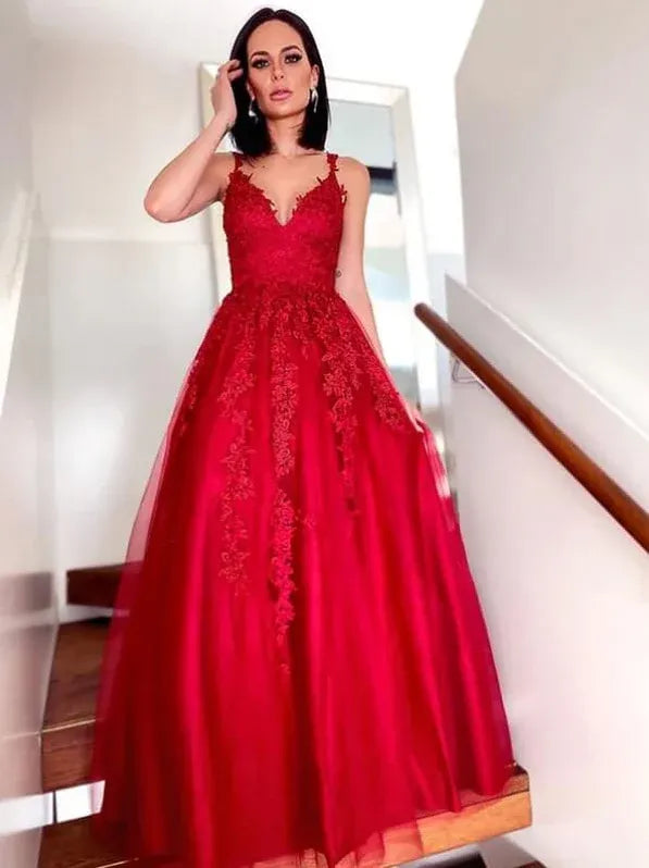 Gorgeous A-line V-neck Lace Applique Red Maxi Prom Dress Ready To Ship