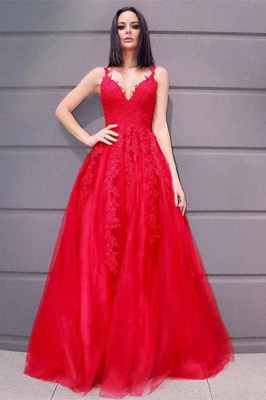 Gorgeous A-line V-neck Lace Applique Red Maxi Prom Dress Ready To Ship