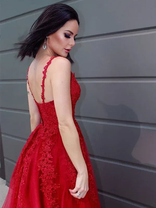 Gorgeous A-line V-neck Lace Applique Red Maxi Prom Dress Ready To Ship