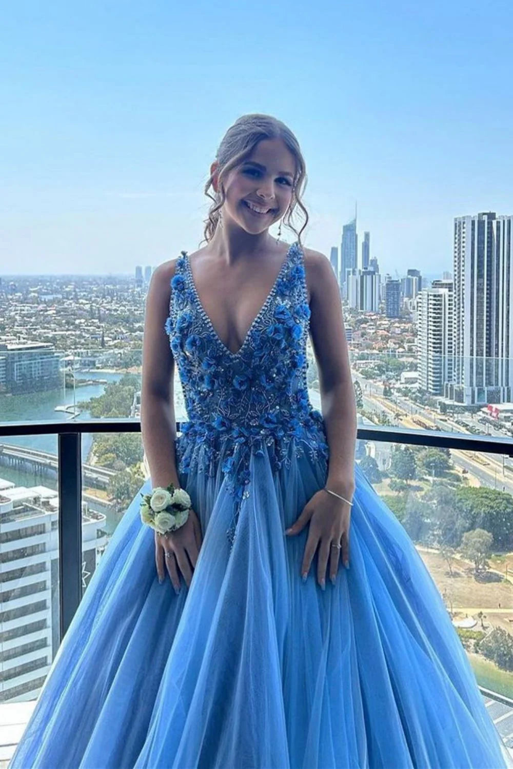 Gorgeous A Line Deep V Neck Appliques Beaded Blue Long Prom Dress