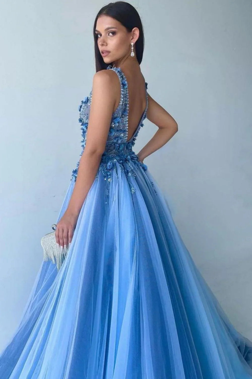 Gorgeous A Line Deep V Neck Appliques Beaded Blue Long Prom Dress