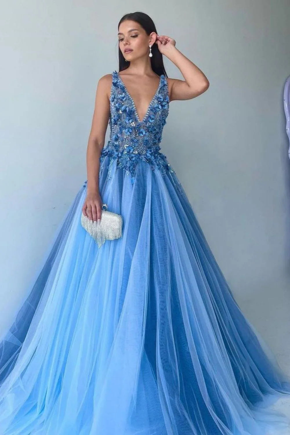 Gorgeous A Line Deep V Neck Appliques Beaded Blue Long Prom Dress